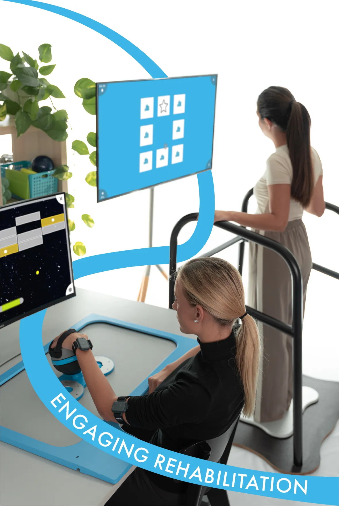 A patient using Bimeo arm rehabilitation device and another patient on Equio balance system.