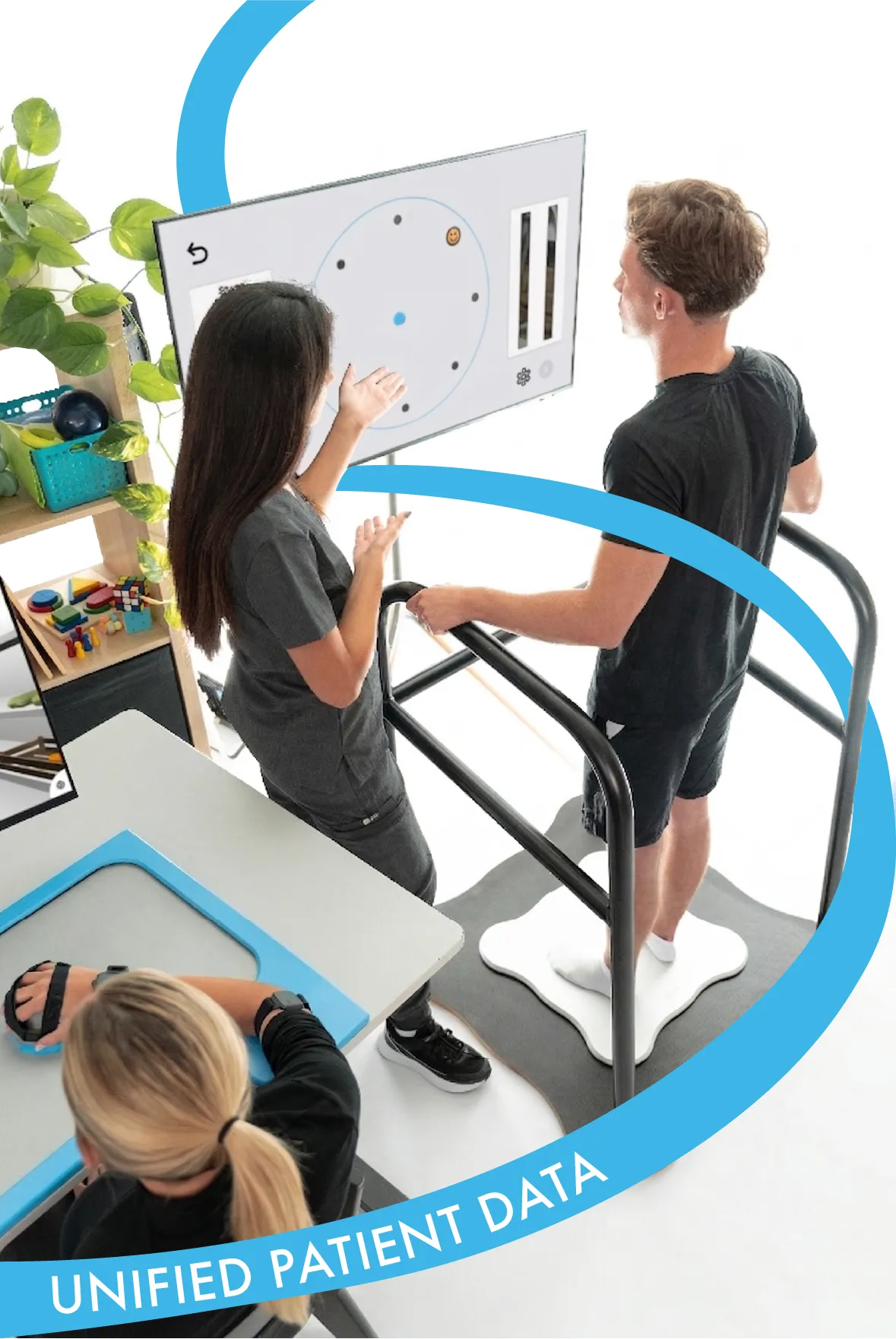 A therapist explaining to a patient using Equio how the assessment works.